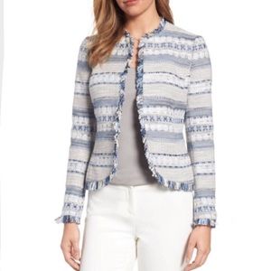 Anne Klein Light Blue Fringe Trim Jacquard Blazer